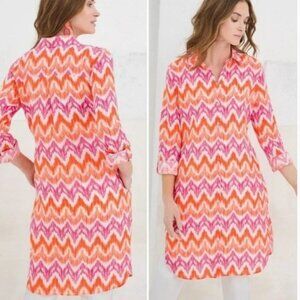 Chico’s No-Iron Linen Chevron Maxi Shirt Paradise Lilly Pink Orange Size 3.5 NWT